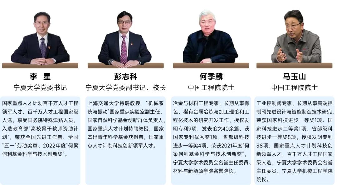 <p>李星</p> <p>宁夏大学党委书记</p> <p>彭志科</p> <p>宁夏大学党委副书记、校长</p> <p>何季麟<br/>中国工程院院士</p> <p>马玉山<br/>中国工程院院士</p> <p>国家重点人才计划百千万人才工程上海交通大学特聘教授，“机械系冶金与材料工程专家，长期从事有工业控制阀专家，长期从事高端控<br/>领军人才，百千万人才工程国家级统与振动”国家重点实验室副主任，色、稀有金属冶炼与加工理论和工制阀先进设计与智能制造技术研究<br/>人选，享受国务院特殊津贴人员，国家自然科学基金创新群体负责人<br/>程化技术的研究开发工作，授权发荣获国家科技进步一等奖1项、国<br/>入选教育部“高校骨干教师资助计<br/>国家重点人才计划特聘教授，国家<br/>明专利9项，发表论文40余篇，获家科技进步二等奖1项、省部级科<br/>划”，荣获全国先进工作者、全国杰出青年科学基金获得者，国家重国家专利优秀奖1项，省部级科技技进步一等奖5项，授权发明专利<br/>“五一”劳动奖章、2022年度“何梁点人才计划科技创新领军人才。</p> <p>进步一等奖4项，荣获2021年度“何38项，国家重点人才计划科技创</p> <p>何利基金科学与技术创新奖"。</p> <p>梁何利基金科学与技术创新奖”，新领军人才，百千万人才工程国家<br/>宁夏大学学术委员会名誉主任委员、级人选，宁夏大学学术委员会名誉<br/>材料与新能源学院名誉院长。</p> <p>主任委员、宁夏大学机械工程学院<br/>院长。</p>
