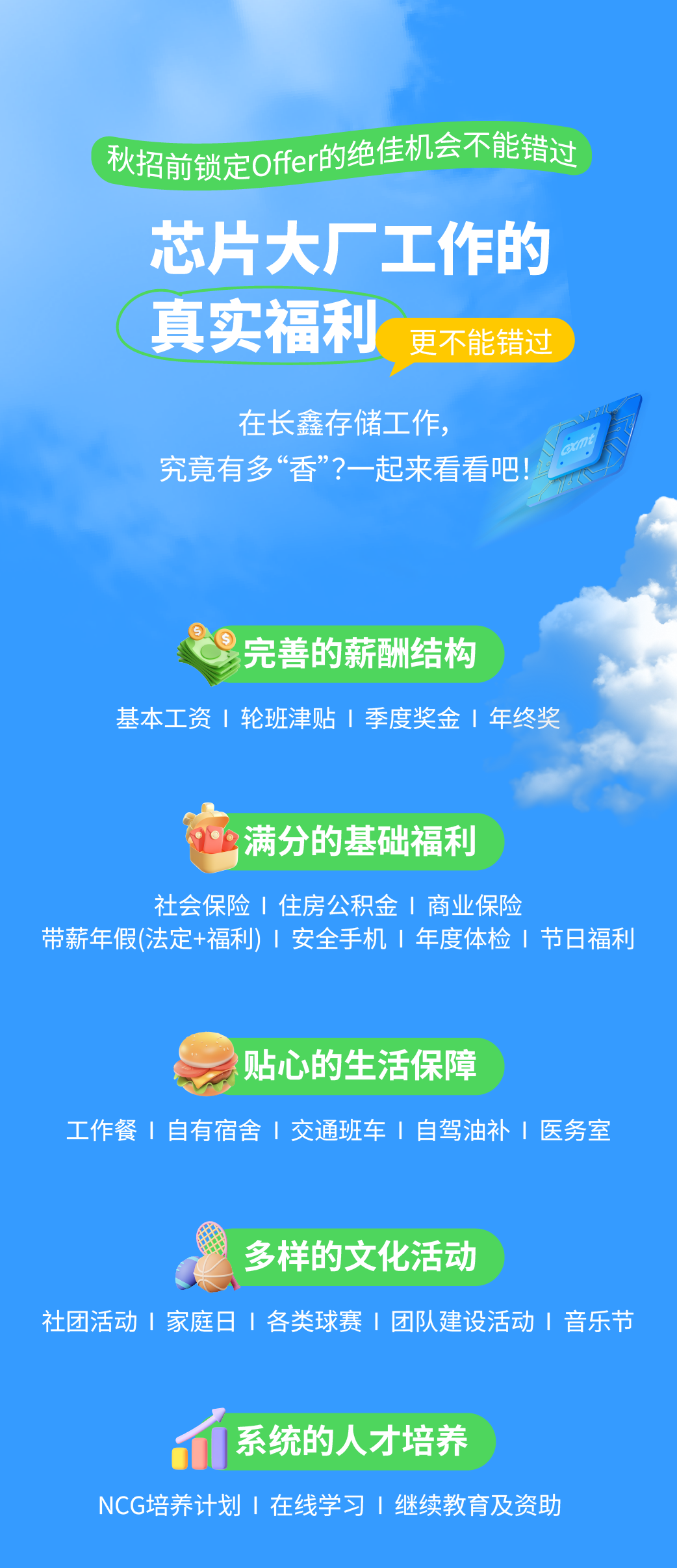 <p>秋招前锁定Ofer的绝佳机会不能错过</p> <p>芯片大厂工作的<br/>真实福利<br/>更不能错过</p> <p>在长鑫存储工作，</p> <p>究竟有多“香”?一起来看看吧!</p> <p>完善的薪酬结构</p> <p>基本工资1轮班津贴1季度奖金1年终奖</p> <p>满分的基础福利</p> <p>社会保险1住房公积金1商业保险</p> <p>带薪年假(法定+福利)1安全手机1年度体检1节日福利</p> <p>贴心的生活保障</p> <p>工作餐1自有宿舍1交通班车1自驾油补1医务室</p> <p>多样的文化活动</p> <p>社团活动1家庭日1各类球赛1团队建设活动1音乐节</p> <p>系统的人才培养</p> <p>NCG培养计划I在线学习I继续教育及资助</p>