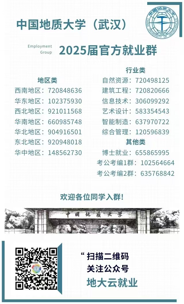 <p>山房</p> <p>中国地质大学(武汉)王</p> <p>EmploymentGroup2025届官方就业群</p> <p>行业类</p> <p>地区类自然资源: 720498125</p> <p>西南地区: 720848636建筑工程: 720820666</p> <p>华东地区: 102375930信息技术: 306099292</p> <p>西北地区: 921011568艺术设计: 583354543</p> <p>华南地区: 660985748智能制造: 637970722</p> <p>华北地区: 904916501综合管理: 120596839</p> <p>东北地区: 920948018其他类</p> <p>华中地区: 148562730博士就业: 655865995</p> <p>考公考编1群: 102564664</p> <p>考公考编2群: 635768842</p> <p>欢迎各位同学入群!</p> <p>因让友女学</p> <p>“扫描二维码</p> <p>年1关注公众号</p> <p>地大云就业</p>